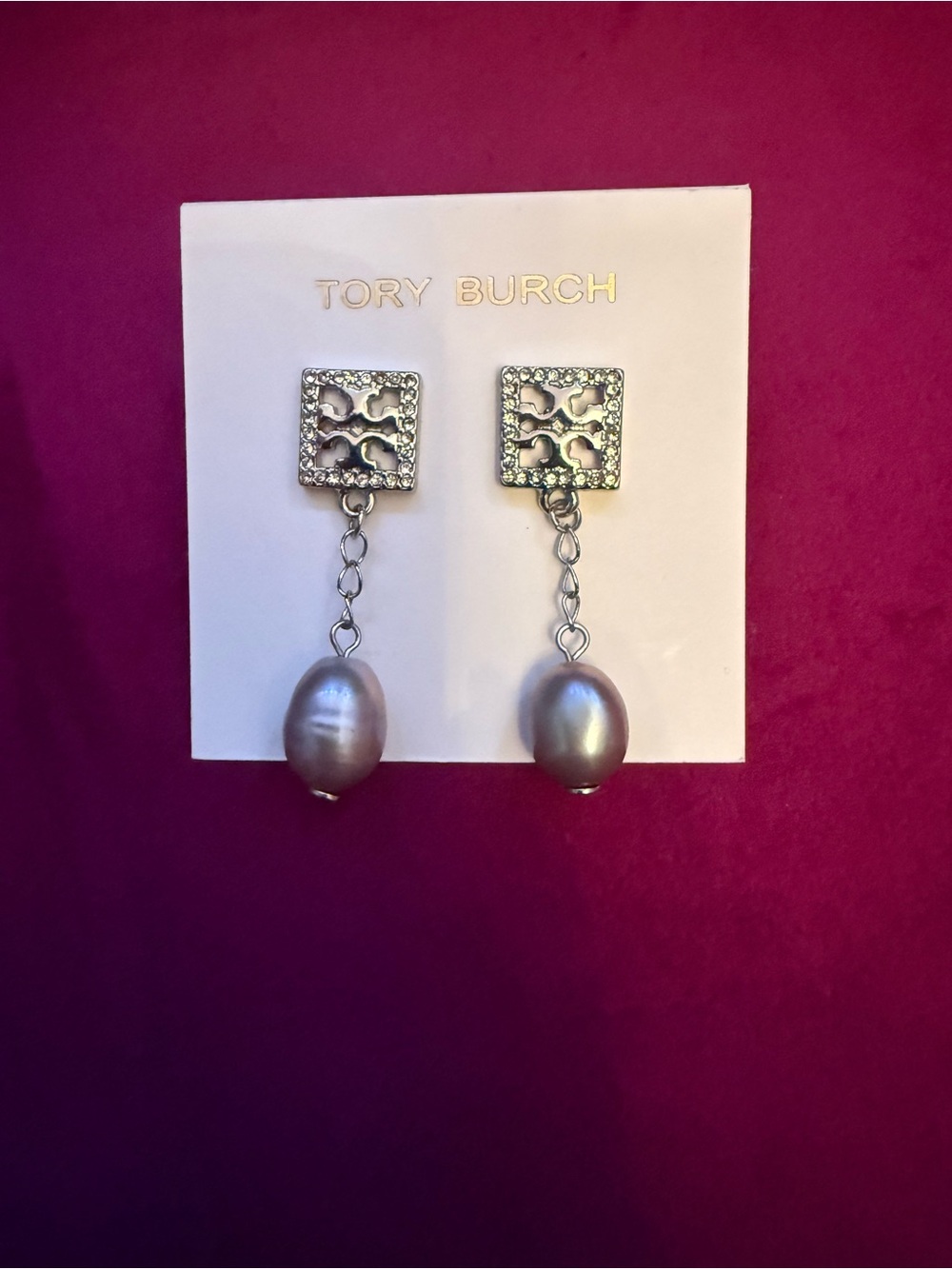 Tory Burch Silver-Tone Logo Chain Drop Earrings with Gray Pearls